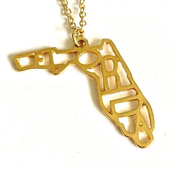 Florida State Map Flag Necklace Gold Plated 18-21" Sunshine Retirement Gift - Picture 1 of 8